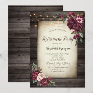 Burgundy Flowers Brown Wood Retirement Invitation