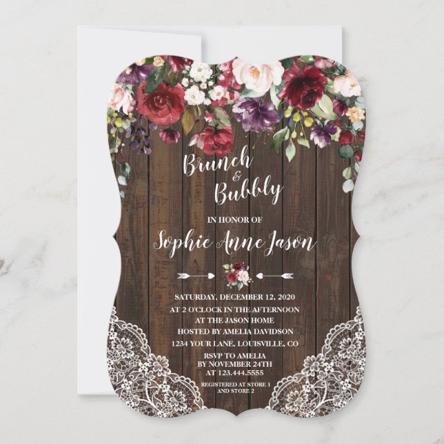 Burgundy Flowers Brunch & Bubbly Bridal Shower Invitation (Front)