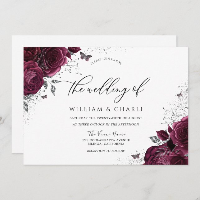 Burgundy Flowers Butterfly Wedding Invitation (Front/Back)