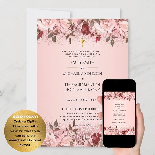 Burgundy Flowers  Catholic Nuptial Mass Wedding Invitation