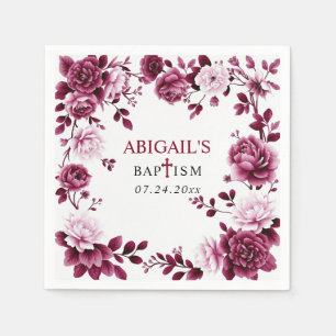 Burgundy flowers Chinoiserie floral girl Baptism Napkins