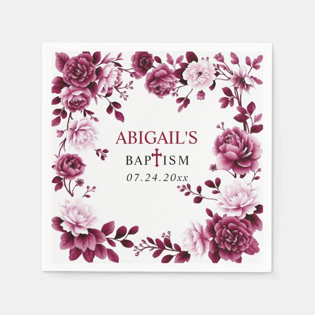 Burgundy flowers Chinoiserie floral girl Baptism Napkins (Front)