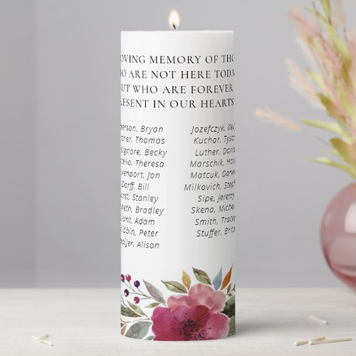 Burgundy Flowers Class Reunion List Names Memorial Pillar Candle