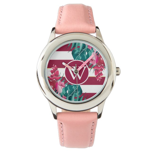 Burgundy Flowers design Monogram striped Watch (Front)