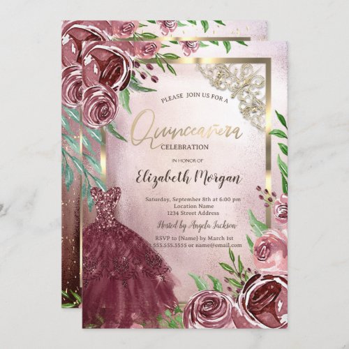 Burgundy Flowers Dress Gold Frame Quinceanera Invitation