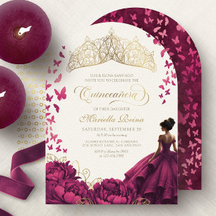 Burgundy Flowers Dress Princess Quinceanera Invitation