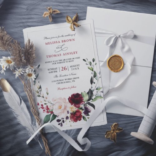 Burgundy Flowers Elegant Budget QR Code Wedding Invitation