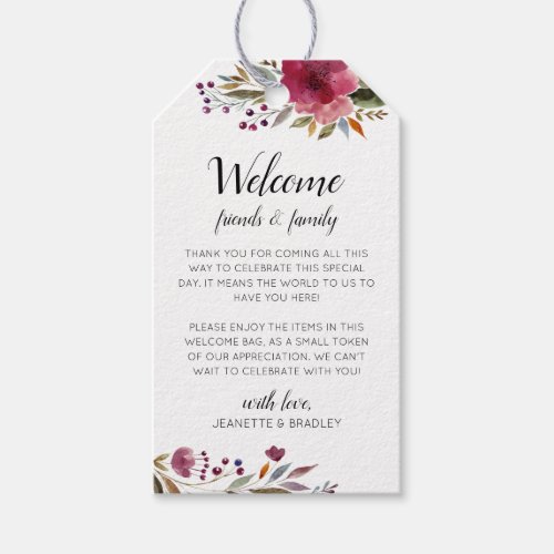 Burgundy Flowers Fall Wedding Welcome Gift Basket Gift Tags