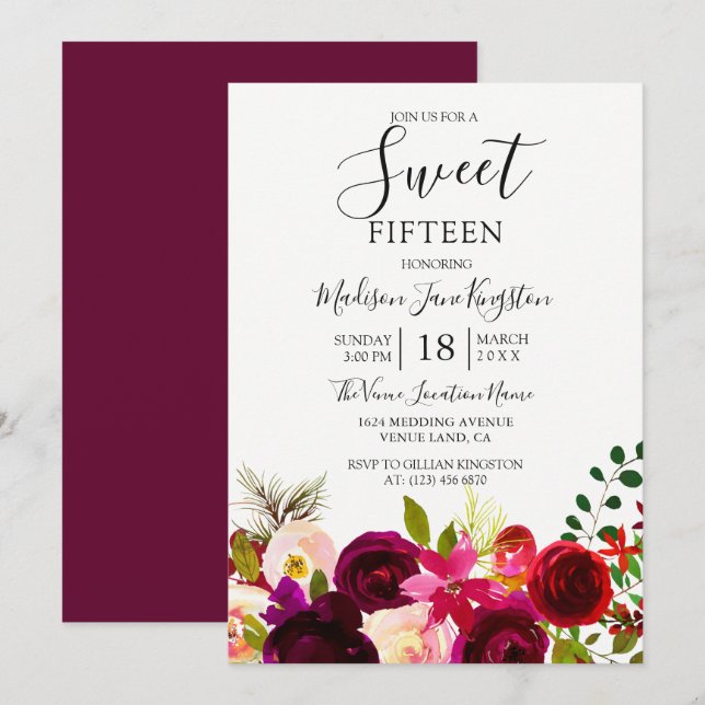 Burgundy Flowers Floral Boho Sweet 15 Invitation (Front/Back)