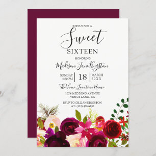 Burgundy Flowers Floral Boho Sweet 16 Invitation
