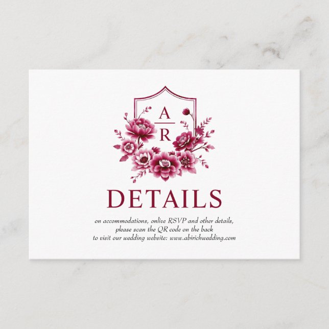Burgundy flowers, floral crest wedding details QR Enclosure Card (Front)