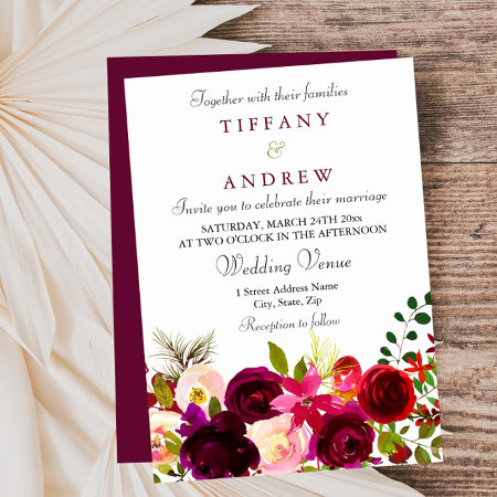 Burgundy Flowers Floral Elegant Summer Wedding Invitation