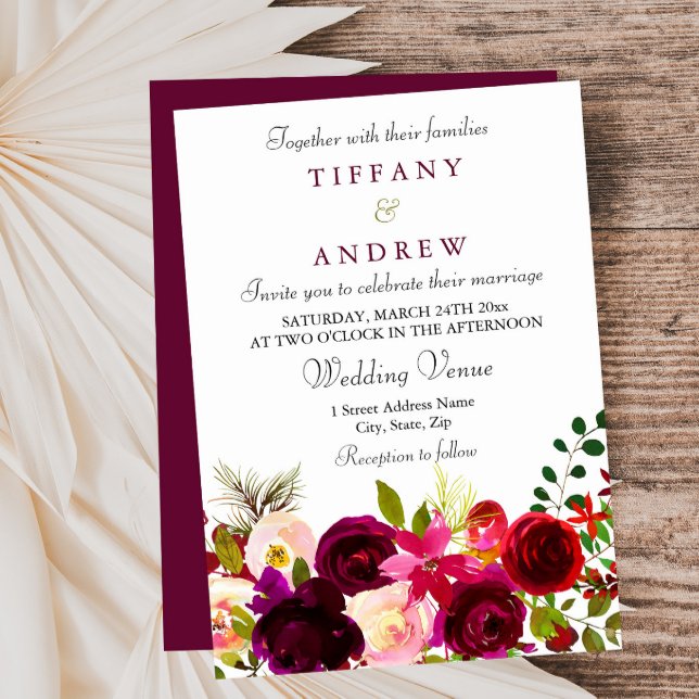 Burgundy Flowers Floral Elegant Summer Wedding Invitation