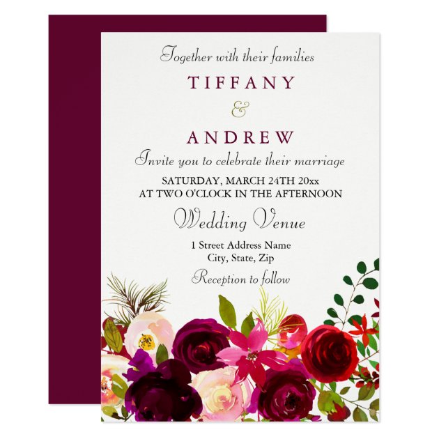 Burgundy Flowers Floral Elegant Wedding Invitation