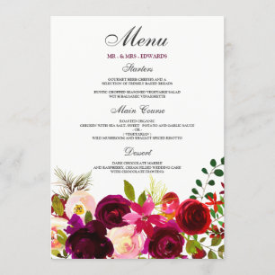 Burgundy Flowers Floral Elegant Wedding Menu