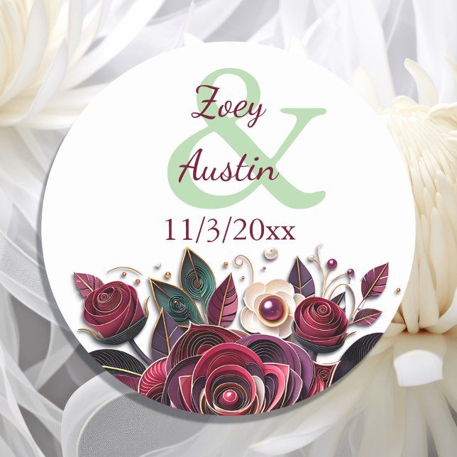 Burgundy Flowers, Foliage and Pearls Personalized Classic Round Sticker (Creator Uploaded)