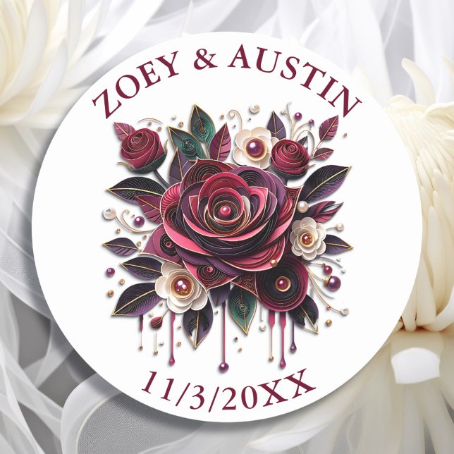 Burgundy Flowers, Foliage and Pearls Personalized  Classic Round Sticker (Creator Uploaded)