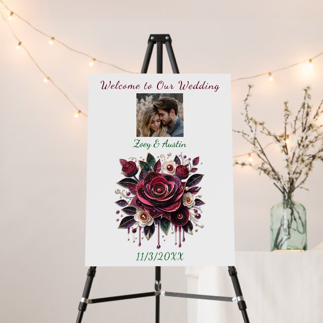 Burgundy Flowers, Foliage and Pearls Personalized  Foam Board (In Situ (Stand))