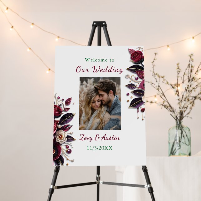 Burgundy Flowers, Foliage and Pearls Personalized  Foam Board (In Situ (Stand))