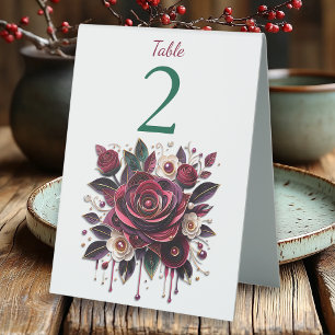 Burgundy Flowers, Foliage and Pearls Personalized Table Tent