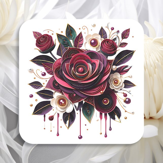 Burgundy Flowers, Foliage and Pearls Square Sticker (Creator Uploaded)