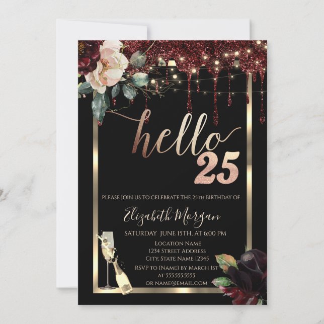 Burgundy Flowers,Frame,Champagne 25th Birthday Invitation (Front)