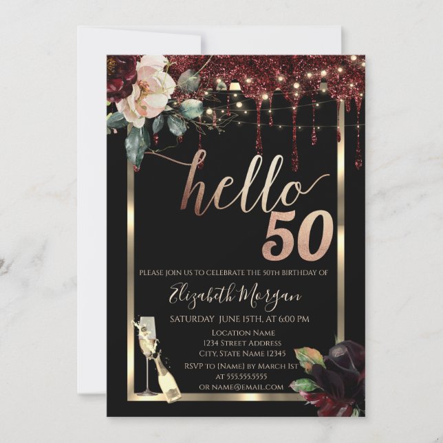 Burgundy Flowers,Frame,Champagne 50th Birthday Invitation (Front)