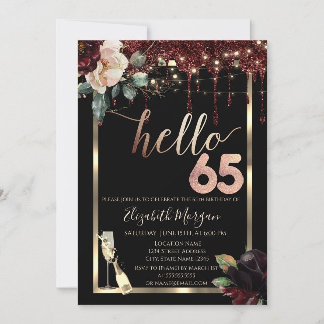 Burgundy Flowers,Frame,Champagne 65th Birthday Invitation (Front)