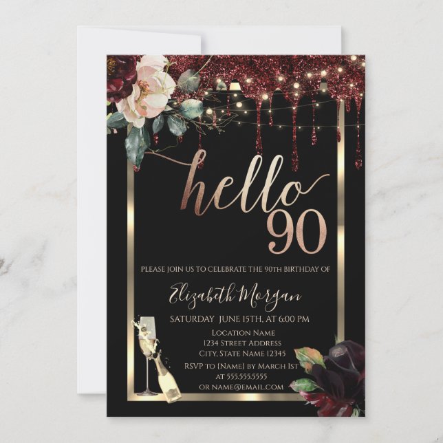 Burgundy Flowers,Frame,Champagne 90th Birthday Invitation (Front)