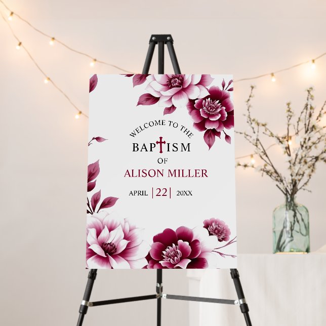 Burgundy flowers girl baptism floral welcome sign (In Situ (Stand))