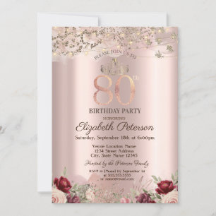 Burgundy Flowers Glitter Border Rose Gold 80TH Invitation