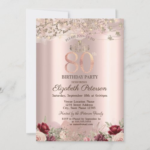 Burgundy Flowers Glitter Border Rose Gold 80TH Invitation