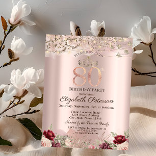 Burgundy Flowers Glitter Border Rose Gold 80TH Invitation
