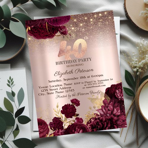  Burgundy Flowers Glitter Rose Gold 40thBirthday   Invitation