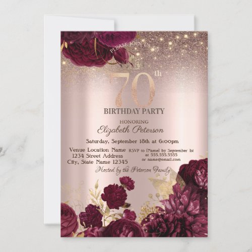 Burgundy Flowers Glitter Rose Gold 70th Birthday   Invitation