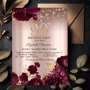Burgundy Flowers Glitter Rose Gold 90th Birthday Invitation