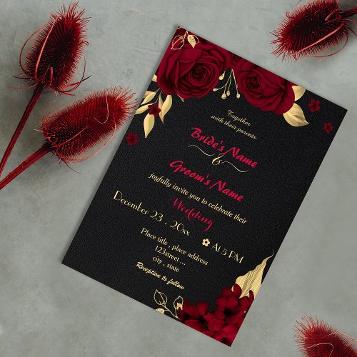 burgundy flowers gold black wedding invitation