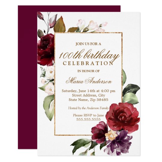 burgundy flowers gold border 100th birthday party invitation