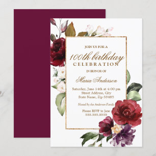 Burgundy Flowers Gold Border 100th Birthday Party Invitation