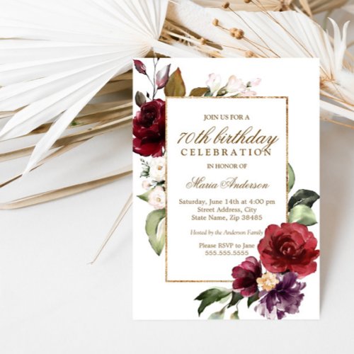 Burgundy Flowers Gold Border 70th Birthday Party Invitation