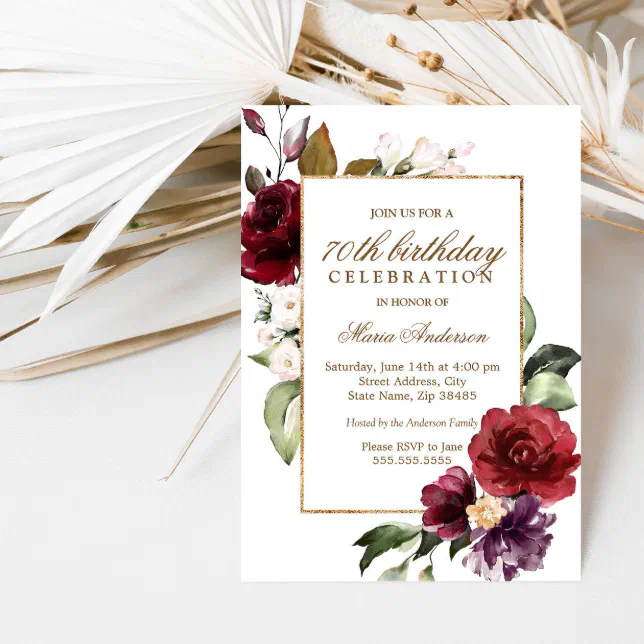 Burgundy Flowers Gold Border 70th Birthday Party Invitation | Zazzle