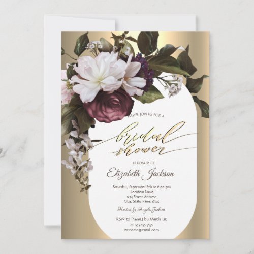 Burgundy Flowers Gold Diamonds Bridal Shower Invitation