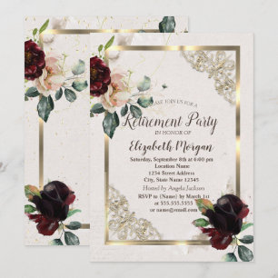 Burgundy Flowers Gold Frame,Confetti Retirement  Invitation