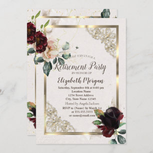 Burgundy Flowers Gold Frame,Confetti Retirement  Invitation