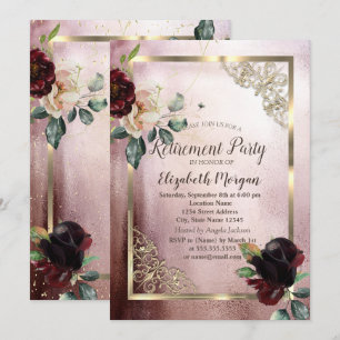 Burgundy Flowers Gold Frame Rose Gold Retirement Invitation