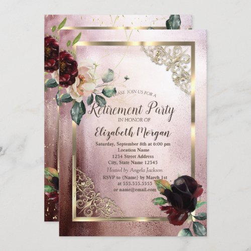 Burgundy Flowers Gold Frame Rose Gold Retirement  Invitation