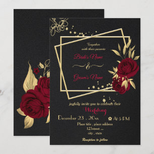 burgundy flowers gold geometric black wedding  invitation