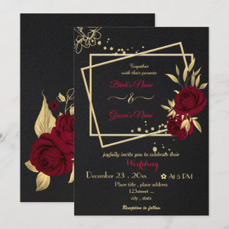 burgundy flowers gold geometric black wedding invitation