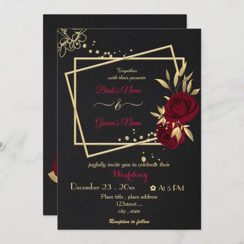 burgundy flowers gold geometric black wedding  invitation