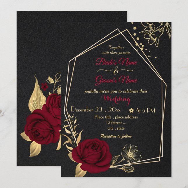 burgundy flowers gold geometric black wedding invitation (Front/Back)